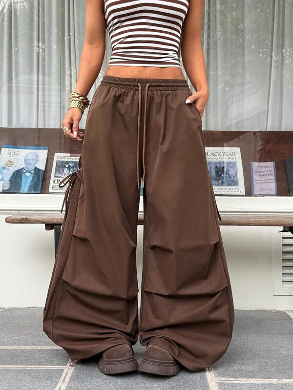 Muchica Women's Loose Casual Cargo Style Drawstring Waist Wide Leg Pants, Solid Brown Color