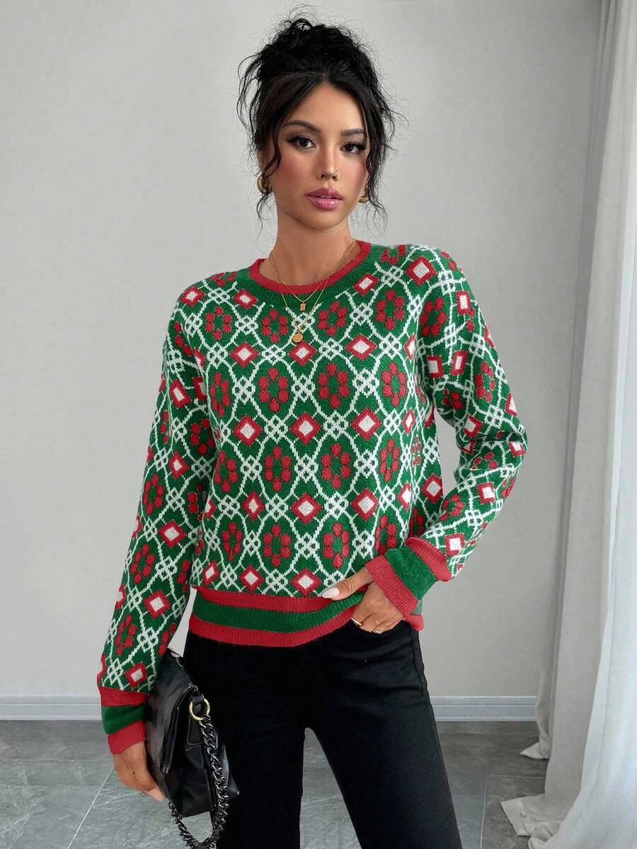 Selianne Women's Fashionable All-Over Print Color Block Crew Neck Long Sleeve Pullover Sweater, Autumn/Winter - Multicolor - View 1