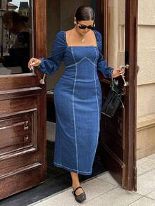 Dripcurv Plus Size Square Neck Fitted Long Sleeve Denim Dress - Medium Wash - View 3