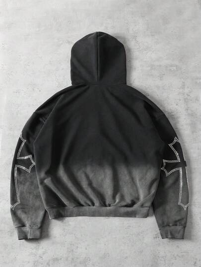 Street Life Sudadera holgada de estilo corto con bordado de diamantes brillantes lavada para hombres