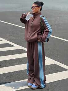 Muchica 女士休闲宽松两件套，撞色缎带饰边，保暖衬里，秋冬 - 棕色 - 查看 7