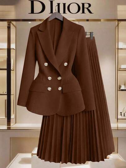 GlowEve Women's Gold Button Decor Blazer + Pleated Skirt Elegant Everyday Commute Versatile Minimalist Fashion Yellow 2-Piece Set