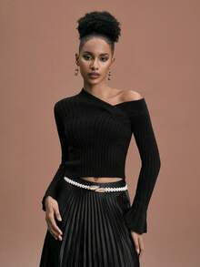 JIAN LASALA Maglione asimmetrico con spalle scoperte e maniche a campana, lavorazione strutturata, pullover nero da donna per l'inverno, top nero da festa con spalle scoperte, top sexy nero a coste, top nero a coste con spalle scoperte, top elegante da spiaggia per invitati a matrimoni - nero - Visualizzare 3