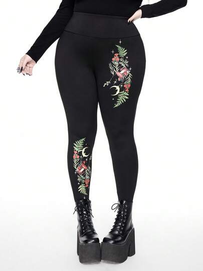 ROMWE Goth Quần legging cạp cao họa tiết hoa thời trang cỡ lớn