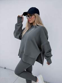 INAWLY Plus Size Women Solid Color Round Neck Drop Shoulder Long Sleeve Sweatshirt And Leggings Casual 2 Piece Set - Grey - View 5