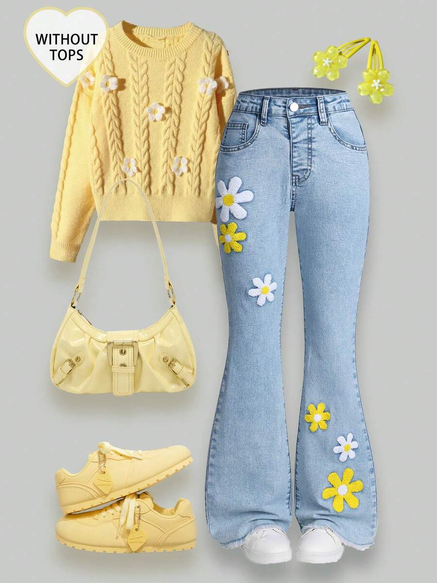 SHEIN Streecool Kids Celana Jeans Anak Perempuan Model Flare Biru Retro Pinggang Tinggi, Motif Bunga Biru Muda, Lucu, Musim Panas, Kembali ke Sekolah, Celana Denim Slim Fit Elastis dengan Desain Ujung Berumbai - Medium Wash - View 1