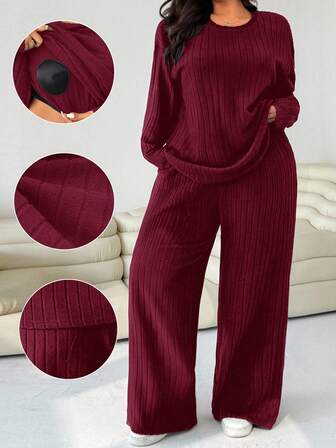 Solflare 2pcs Burgundy Ribbed Casual Plus Size Women Top & Pants Set