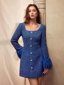 MOTF PREMIUM 5%羊毛混纺可拆卸长袖纹理面料短连衣裙，蓝色 - 藍色 - 查看 3