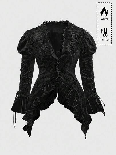 EDITION Cappotto lungo invernale da donna taglie forti, stile gotico, con orlo asimmetrico, in patchwork di pelliccia sintetica con cappuccio