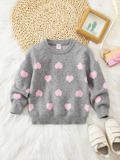 Sparklyn Suéter casual y versátil con estampado de corazón jacquard para niña