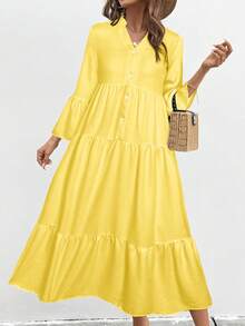 SHEIN LUNE 女式缺口领单排扣长袖休闲连衣裙长款女装 - 黃色 - 查看 5