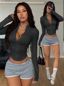 Coolane Damen Herbst/Winter Minimalistische Streetwear Lässig Basic Alltagskleidung Flughafen Gyaru Sportbekleidung Dehnbarer Bustier Rollkragenpullover UV-Schutz Yoga Mantel - Dunkelgrau - Übersicht 2