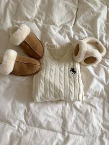 CovetEZ Women's Casual V-Neck Long Sleeve Knit Sweater With Knight Pattern And Stripes, Autumn/Winter Casual Everyday Wear Minimalist Style Sweater,Tops For School In Fall/Winter