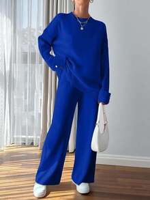 EURMUSE Women Button Detailed Sweater And Pant Set - Royal Blue - View 3