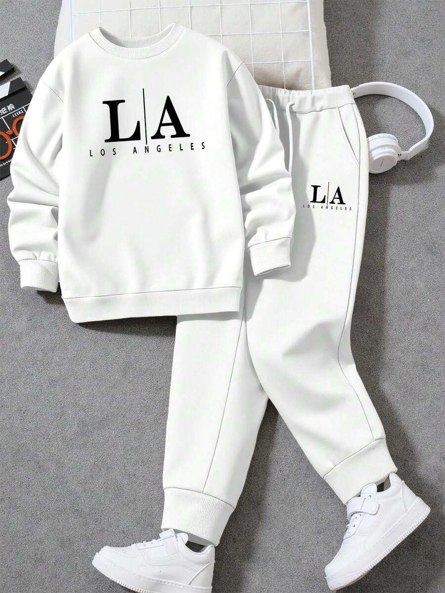 Manfinity Homme 男士字母印花圆领长袖卫衣和抽绳腰带运动裤套装 - 白色 - 查看 1