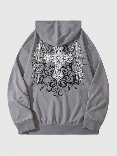 Goth Sudadera con capucha y cremallera casual con alas cruzadas y lavado ácido para hombres