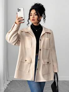 SHEIN CURVE+ Áo khoác nhiều túi trơn màu thường ngày dành cho nữ - Màu be - Xem 5