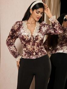 Zelara Plus Size Women Vintage Elegant Velvet & Contrast Lace Corset Lace Long Sleeve Shirt For Party Blouse 70s Fashion - Multicolor - View 4
