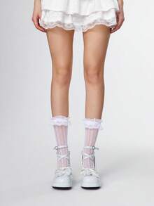 ROMWE Kawaii 女式黑色高跟玛丽珍鞋，带绑带，防水台，洛丽塔哥特式蝴蝶结甜美 JK 风格浅口鞋 - 藍色 - 查看 2