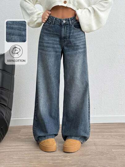 SHEIN PETITE Women's Casual Washed High Waist Wide Leg Jeans