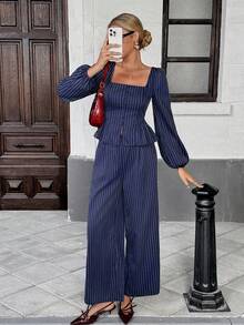 Chiquease Set de 2 piezas con top sin espalda de manga farol de cuello cuadrado a rayas y pantalones con bolsillos, estilo francés