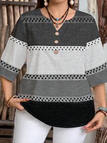 EMERY ROSE Camisa holgada de mujer talla grande con cuello redondo, mangas 3/4 y patrón de rayas de bloques de color para otoño/invierno - Blanco y Negro - Ver 2