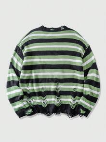 ROMWE MEN Street Life Suéter de hombre con rayas de color contrastante, decoración con flecos y efecto desgastado para otoño/invierno - Verde - Ver 2