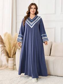 Lacomfia 大码纯色长袖针织连衣裙，优雅休闲舒适，秋冬款 - 藍色 - 查看 6