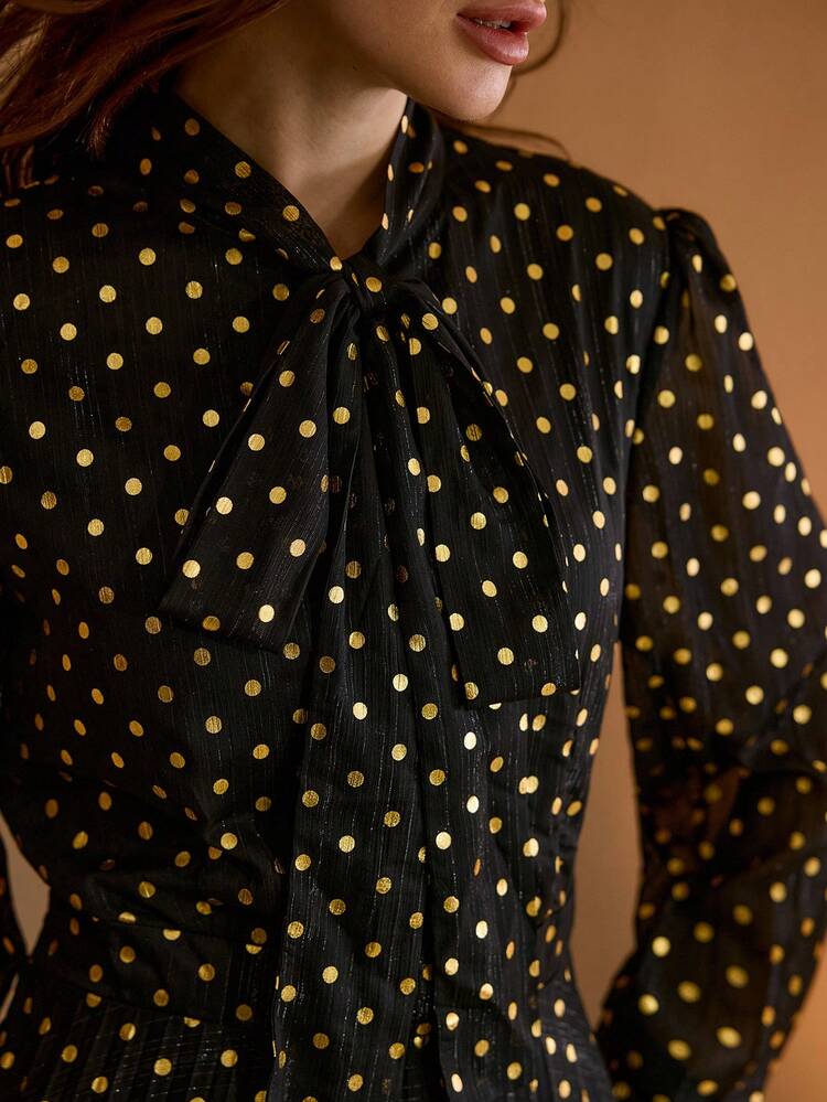 GOLD POLKA DOT ALLOVER PRINT TIE NECK PLEATED HEM DRESS , OLD MONEY