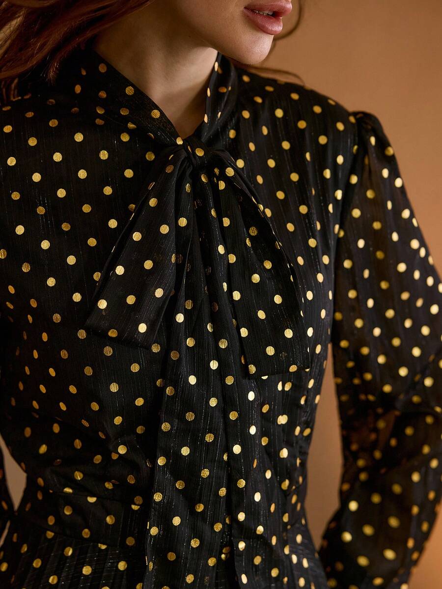 MOTF PREMIUM GOLD POLKA DOT ALLOVER PRINT TIE NECK PLEATED HEM DRESS , OLD MONEY - Black and White - View 2