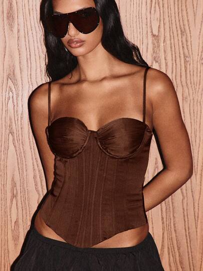 KIZN 缎面束胸紧身胸衣，后背系带设计，无肩带立体剪裁，适合晚宴派对和夜店穿着。