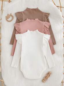 Cozy Pixies 3pcs Baby Girl Heart Pattern Knitted Soft Round Neck Ruffle Trim Long Sleeve Bodysuit Set - Apricot - View 2