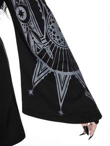 ROMWE EDITION Plus Size Vintage Gothic Church Cross Print Hooded Cinched Waist A-Line Mid-Length Coat - Black - View 10