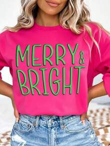 Flirla Women's Casual Oversized Letter Print Round Neck Sweatshirt, Summer - Hot Pink - View 4