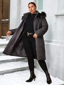 SHEIN Clasi Curvy Plus Size Women's Long Hooded Quilted Padded Coat, Detachable Warm Fur Collar Zipper Coat With Pockets, Plain Grey, Winter, Casual, Hiking, 2025 New - Olive Green - View 2