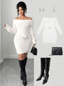 Elenzga Váy len dài tay trễ vai rộng rãi, thoải mái cho nữ, cỡ lớn, thích hợp cho các buổi hẹn hò, Giáng sinh, đám cưới, tiệc tùng, váy mùa đông - trắng - Xem 1