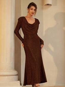 GENKIRA Brown Glitter,Autumn,Elegant,Dinner French Retro Palace Knitted Metallic Yarn Plunging Neckline Loose Wide Hem Dress With Lining,Shoulder Pads - Burgundy - View 2