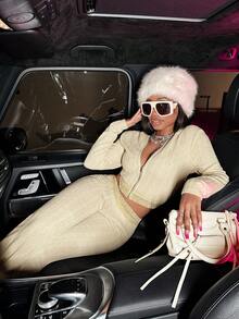 Slaydiva 2025 Winter New Arrivals - New Year, Chinese Festival, Valentine's Day, Party, Evening Party, Date, Gathering, Birthday Party, Preppy Style, Student Wear, Casual Outing, Basic And Versatile, Casual, Cruise Travel, Popular Online Item, Elegant, Commuter, Business Casual, Simple. Features A Fitted Hooded Jacket With A Zippered Hem And Lace Trim, Paired With Fitted Flared Trousers In Apricot Cable Knit. Also Available In Autumn/Winter, Apricot, Party, New Year, Date, Elegant, Commuter, And Casual Styles. Women's Two-Piece Set. - Apricot - View 7