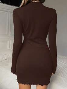 SHEIN EZwear 棕色针织弹力加厚修身基本款女式连衣裙，秋冬款 - 巧克力棕 - 查看 2