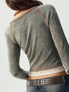 Bohemela Damen Einfarbiges Sweetheart-Ausschnitt Langarm T-Shirt, Lässig für Herbst/Winter, Halloween, Weihnachten - Grün - Übersicht 7