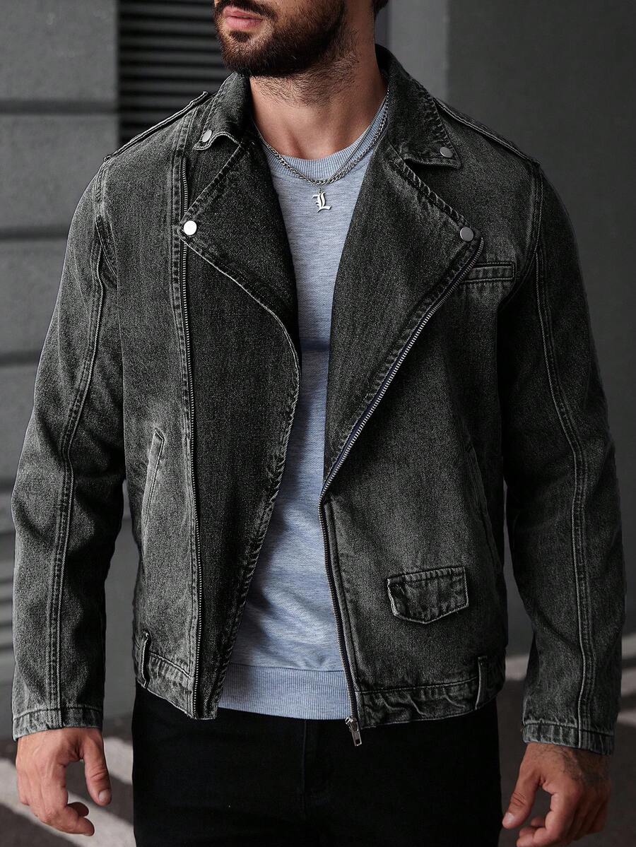 Manfinity LEGND 男士中蓝色成熟街头风牛仔长袖夹克，带领子和拉链 - 深灰色 - 查看 1