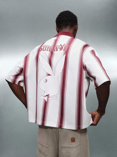 PLAYBOY X SUMWON Striped Polo Shirt Short Sleeve Collared Button Front Bunny Logo Retro Vintage Style Casual Menswear