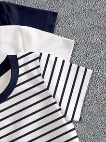SHEIN Baby Boy 6M-3T Newborn Unisex 3-Piece, Casual Daily Knight Horse Icon Print Solid Navy, White, Navy & White Striped Soft Knit Crew Neck Short Sleeve T-Shirt, &, Baby Boy Tops, Baby Boy T-Shirts, Baby Boy Short Sleeve, Baby Boy, Baby Boy 3-Piece, Suitable For Spring, Autumn, Winter, Sports, Daily, Home, Minimalist Style, Basic Versatile Casual Daily Wear Baby Boy T-Shirt Striped Short Sleeve T-Shirt - Multicolor - View 4