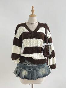 Elamini Women's Casual Versatile V-Neck Striped Lantern Sleeve Knit Sweater Top, Navy & Apricot, Autumn/Winter