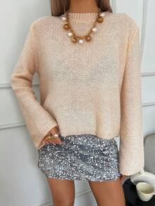 Livesso Áo len cổ tròn sequin thường ngày cho nữ, mùa thu - Màu be - Xem 3