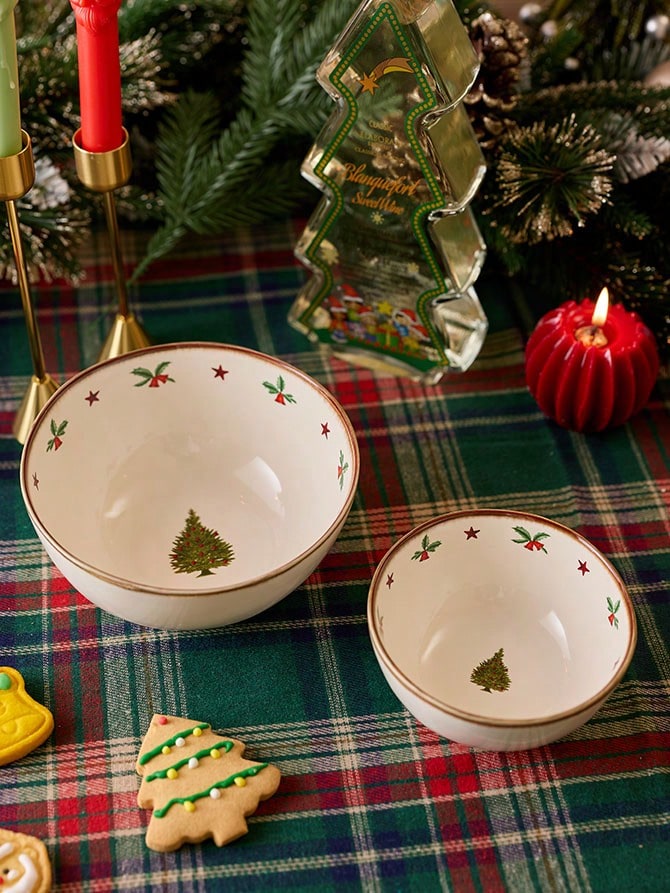Cirelle Christmas Bowls Set Of 2, 6 Inch & 4.5 Inch Ceramic Dessert Bowls With Christmas Tree Design, Red Holiday Tableware For Parties, Candy, Soup, Cereal, Snacks - Multicolor - Ver 1