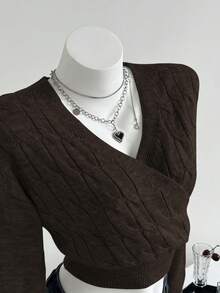 Elamini 女士V领斜襟系带修身长袖休闲时尚针织衫，秋冬款 - 棕色 - 查看 4