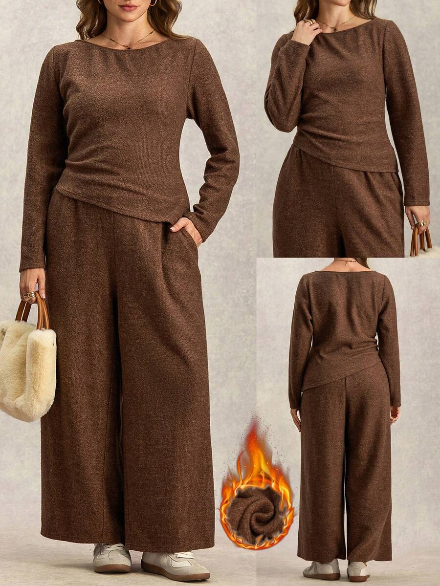 Zelara 2pcs Plus Size Set, Textured Comfortable Fabric Top And Pants Brown Two Piece Set Women Plus Size Co Ord Set - Khaki - View 1