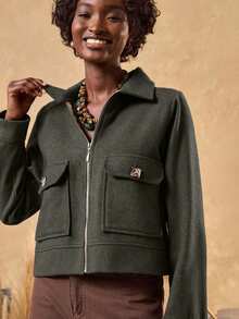 EURMUSE 1 pieza Chaqueta casual con cremallera, manga larga, bolsillo, color marrón, estilo elegante de abrigo para mujer - Verde militar - Ver 5
