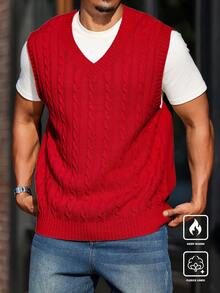 Manfinity Homme Chaleco sin mangas de punto de cable de unicolor con cuello en V para hombre - Rojo - Ver 5